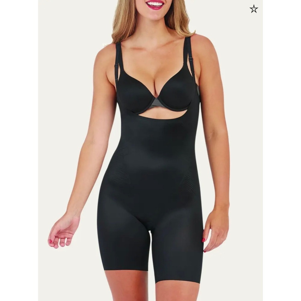 Spanx OnCore Open Bust Mid Thigh Bodysuit Black Shapewear Medium #55